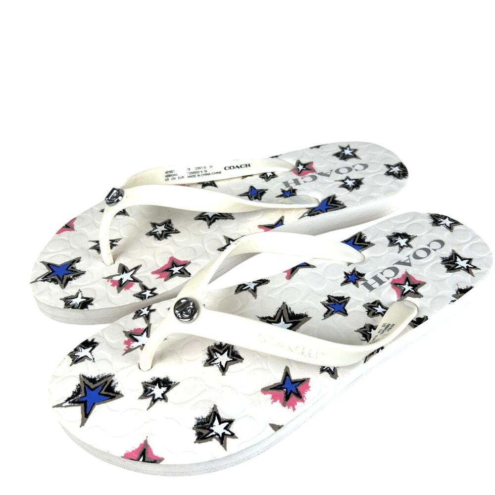 Coach Womens 7 White Multicolor Abbigail Stars Slip-On Flip-Flop Sandals NEW